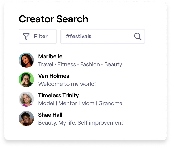 List of creators under Creator Search feature in GRIN's influencer discovery platform
